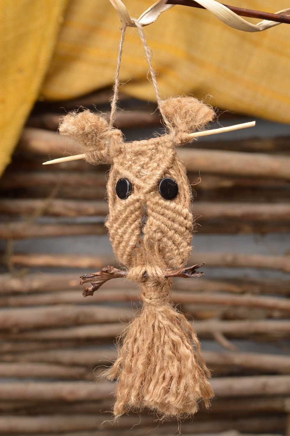 Handmade small decorative beige interior macrame owl wall hanging woven of cord photo 1