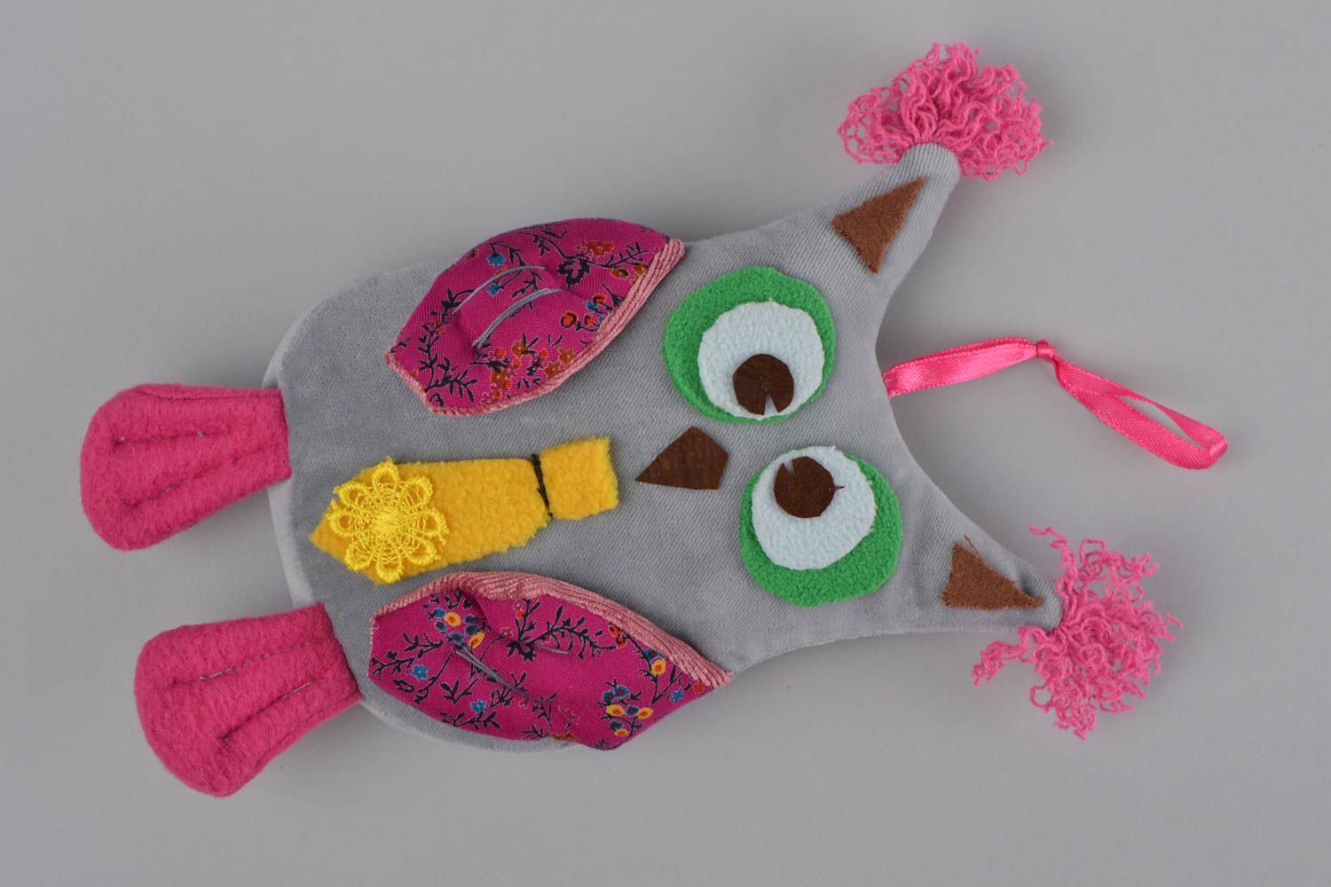 Handmade funny designer fleece soft toy with eyelet owl with yellow necktie photo 1