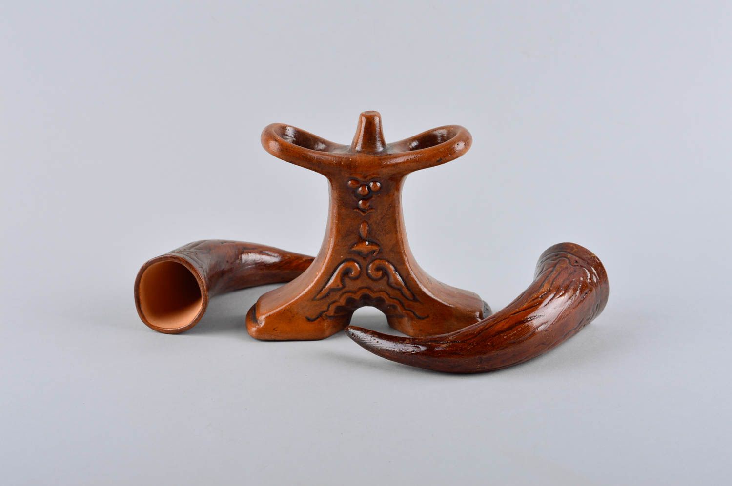Handmade set of 2 clay drinking horns ceramic festive tableware designer present photo 4