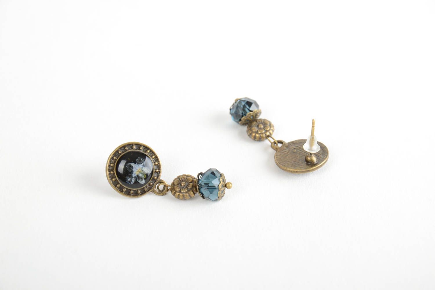 Unusual handmade dangle earrings with dried flowers coated with epoxy photo 3