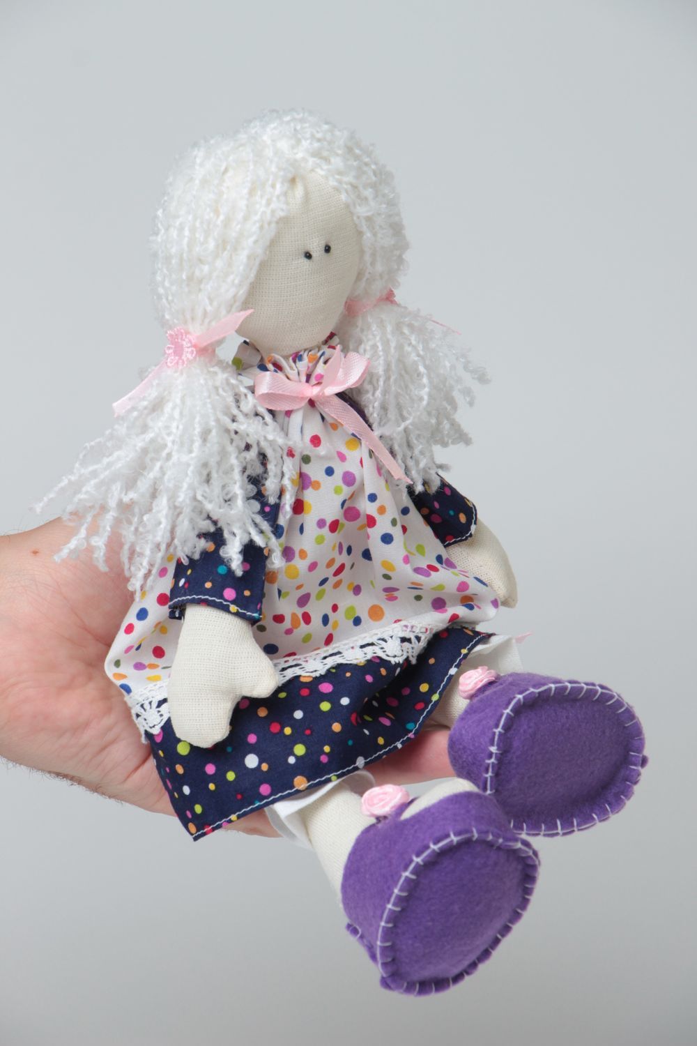 Handmade designer cotton soft doll girl in polka dot dress and violet shoes photo 5