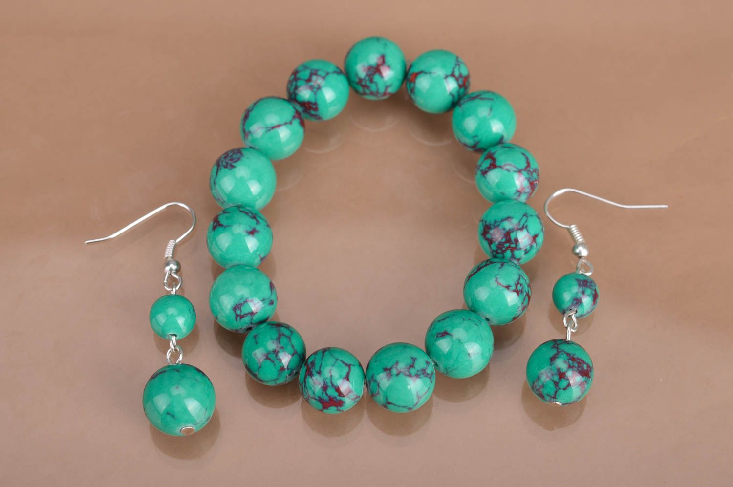 Handmade designer turquoise color beaded jewelry set wrist bracelet and earrings photo 5