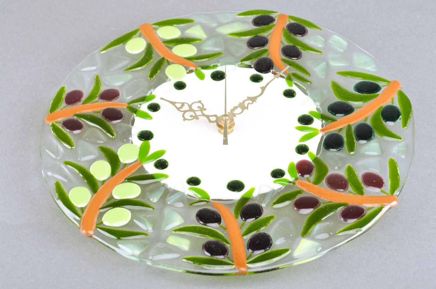 Reloj de cristal de pared artesanal en técnica de fuising verde transparente foto 2