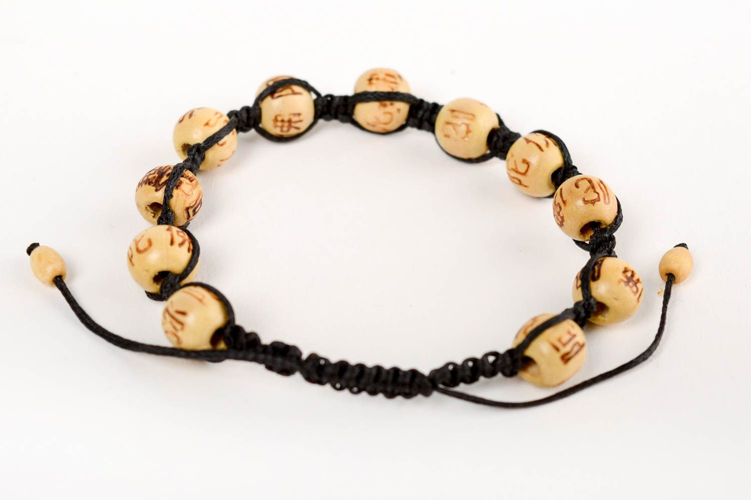 Handmade designer wrist bracelet woven of cord and wooden beads unisex photo 3