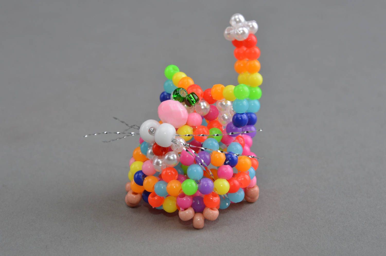 Unusual colorful handmade miniature beaded figurine of cat designer home decor photo 4