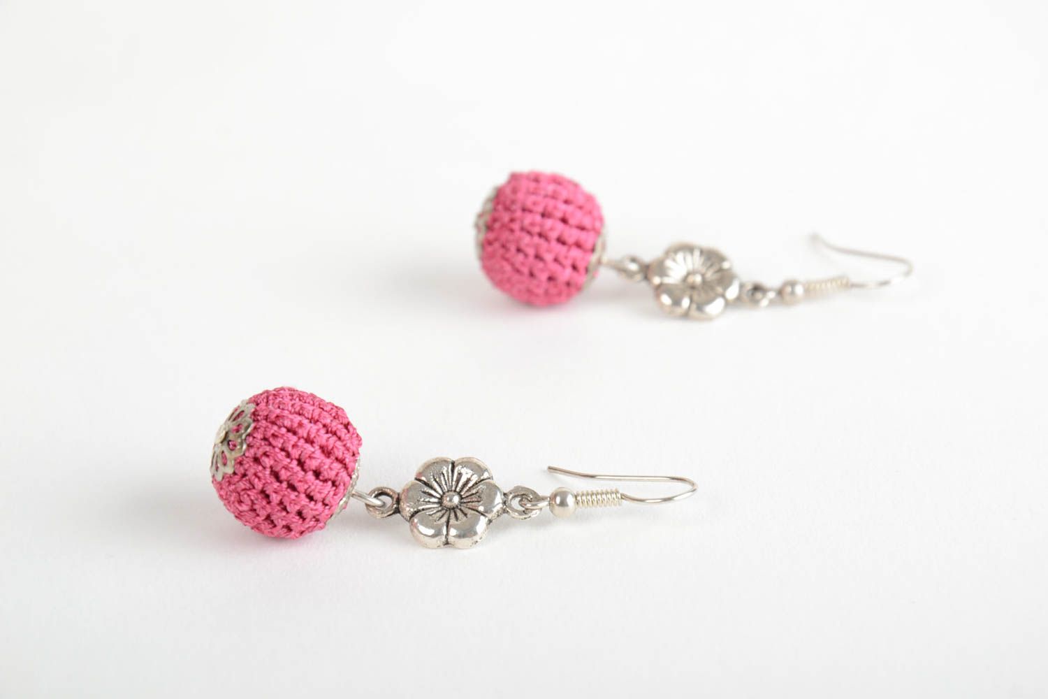 Beautiful homemade crochet ball earrings of crimson color designer jewelry photo 5