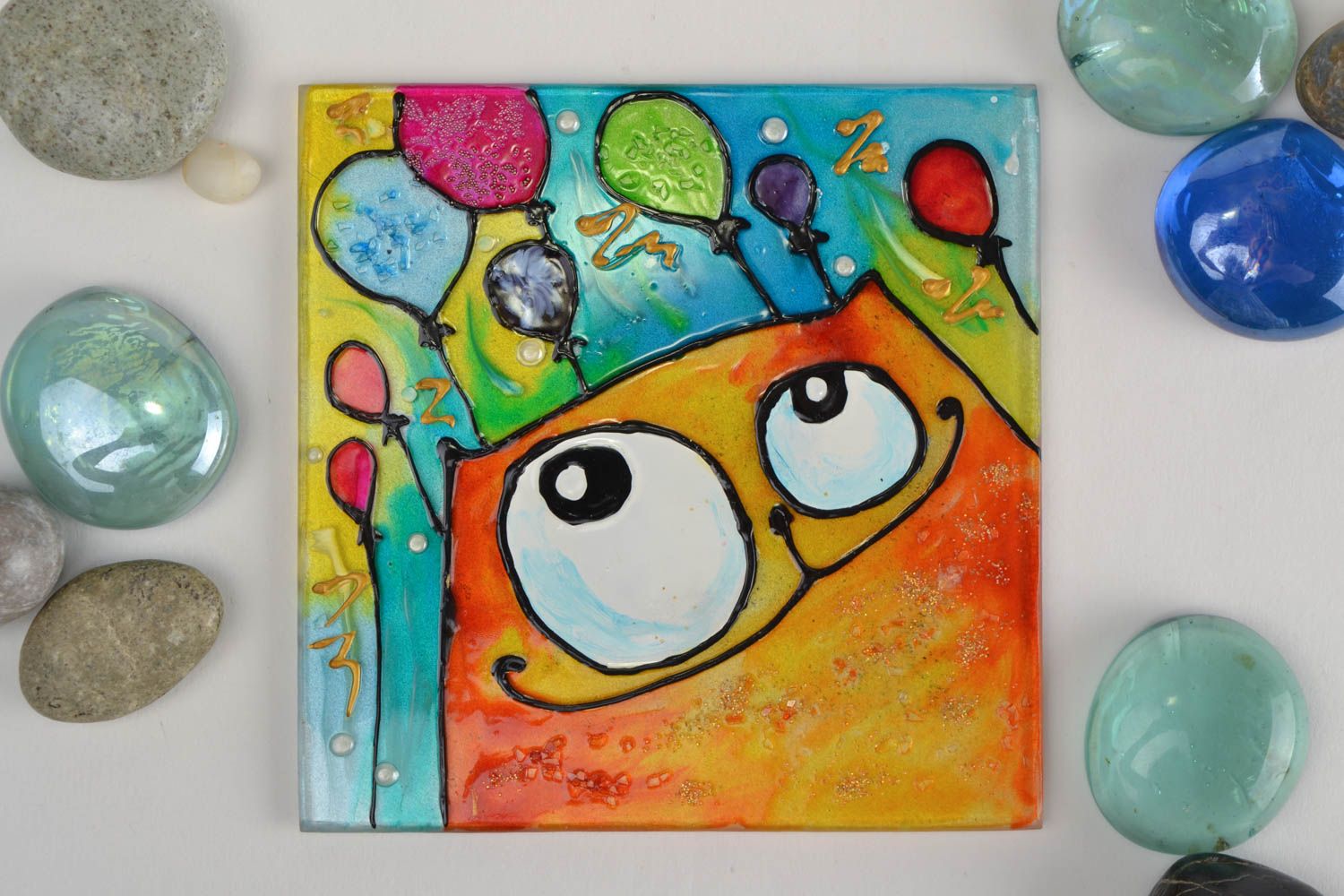 Handmade square glass fridge magnet with bright stained glass painting Kitten photo 1