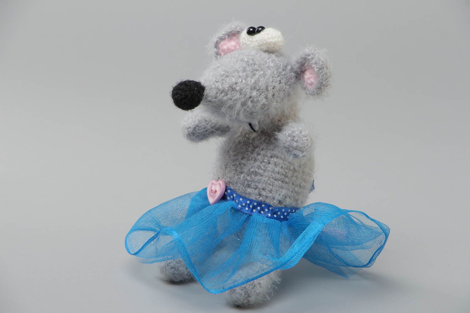 Handmade soft toy crocheted of acrylic threads gray mouse in blue tutu skirt photo 2