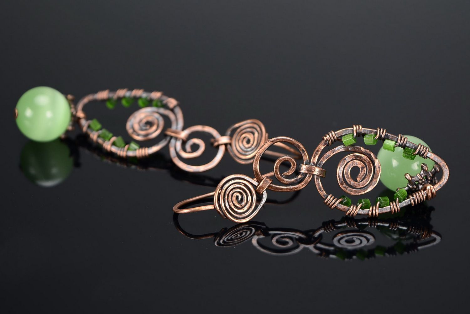 Copper earrings with cat's eye, wire wrap photo 3