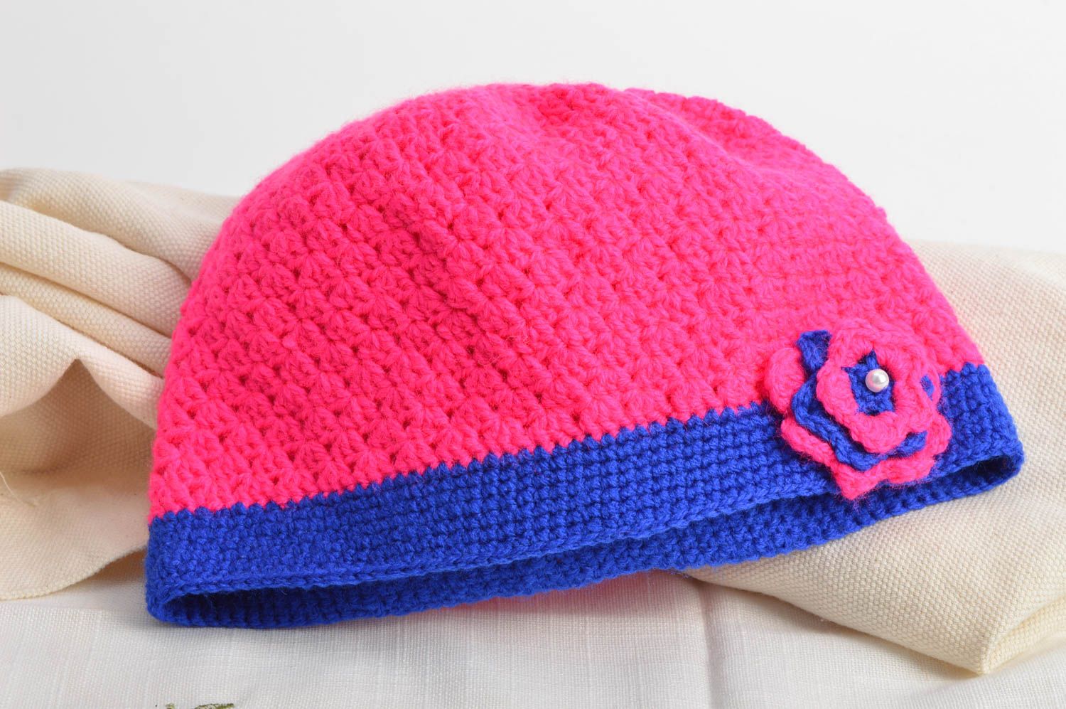 Handmade beautiful cute crocheted pink and blue cap with flower for kids  photo 1