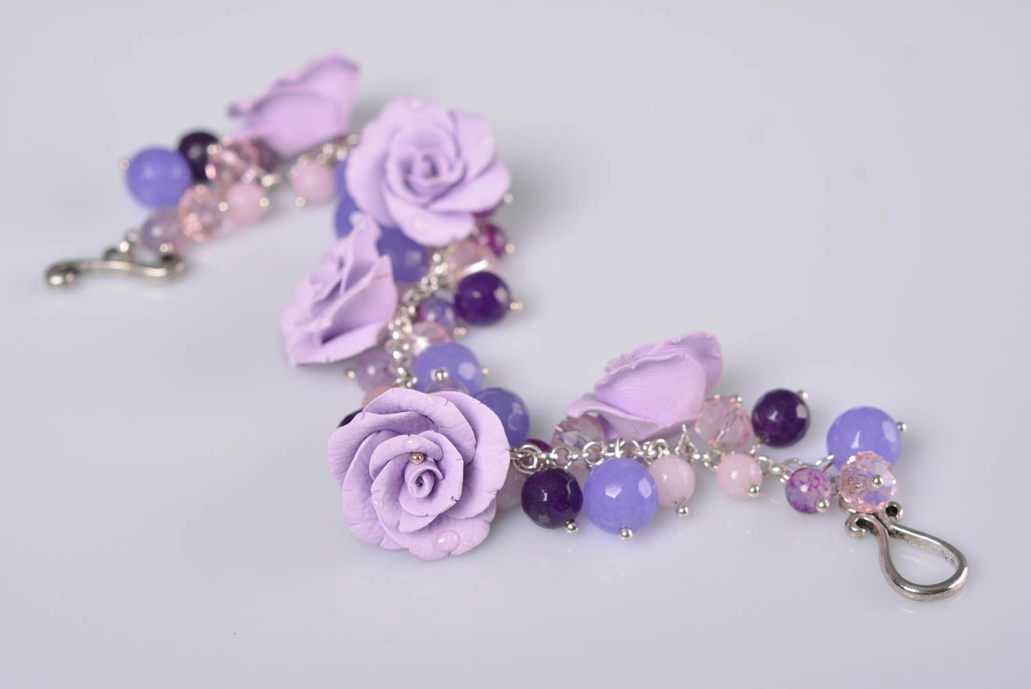 Handmade gentle lilac polymer clay flower bracelet with beads for women photo 4