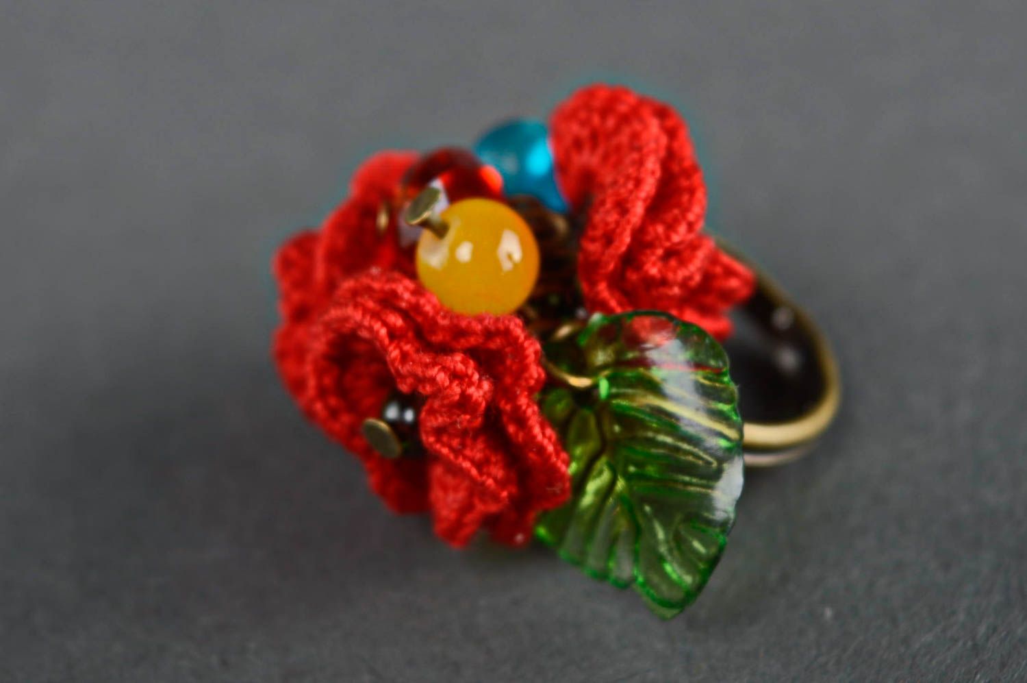 Bague tricotée au crochet rouge faite main fleurs Coquelicots pour femme photo 5