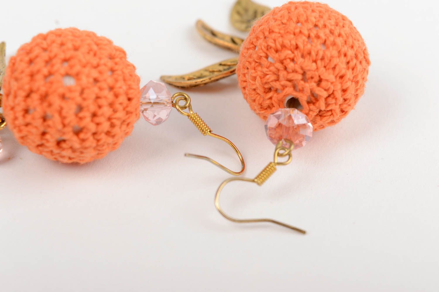 Handmade designer earrings with orange crocheted over beads and crystal glass photo 2