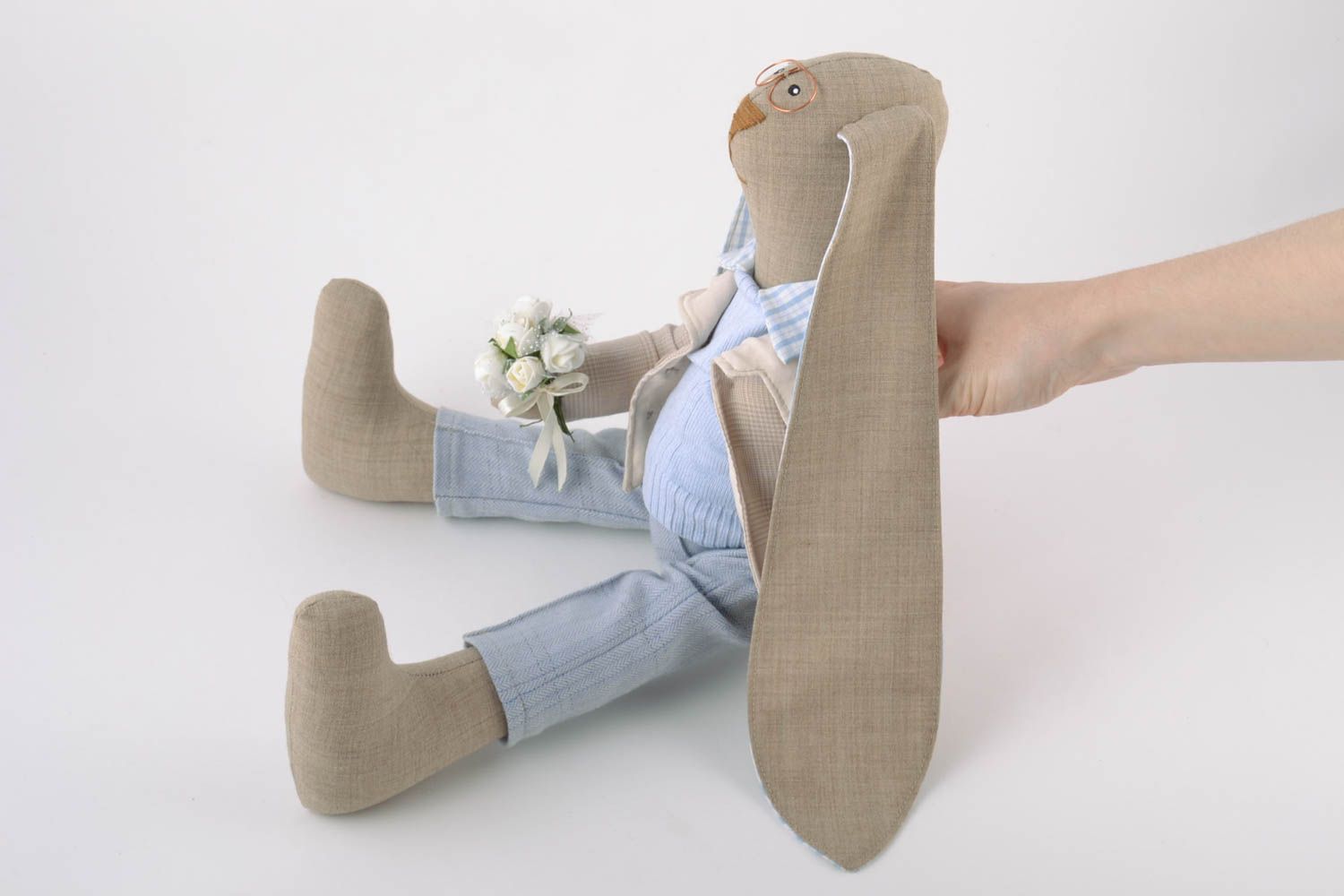 Handmade linen fabric soft toy rabbit gentleman in suit with flower bouquet photo 2