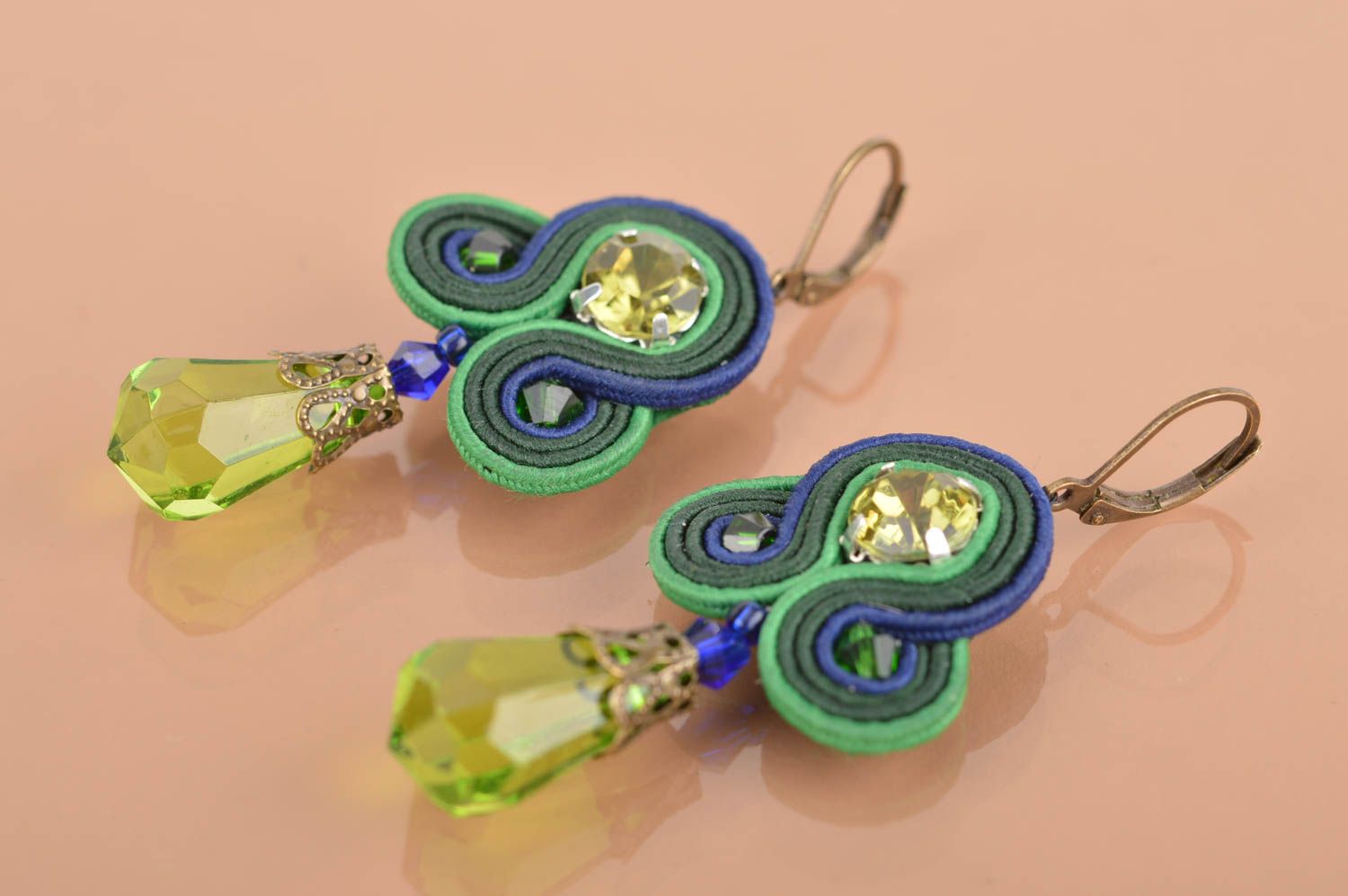 Beautiful handmade designer large soutache earrings of green color with beads photo 4