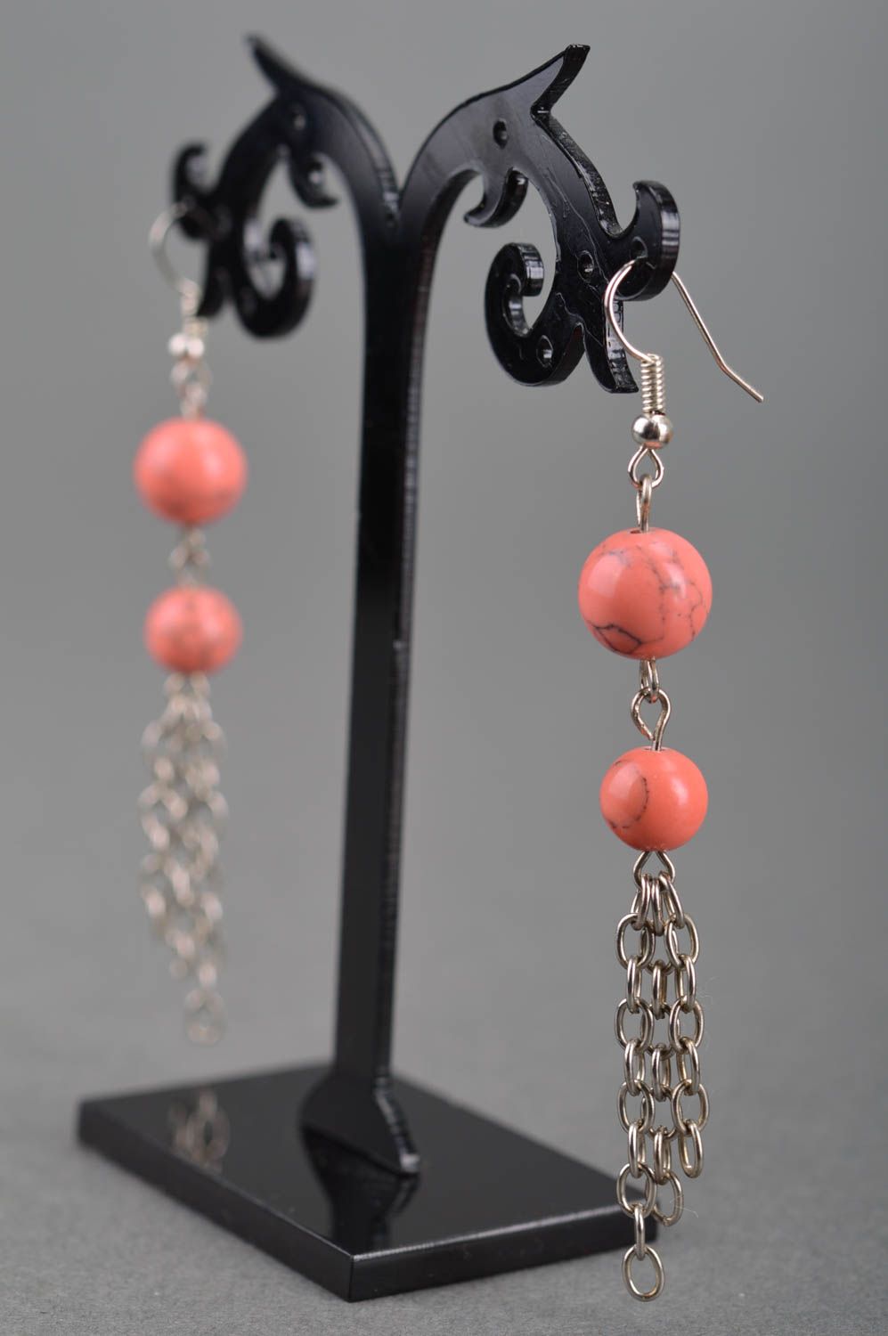 Handmade designer dangle earrings with pink round beads and metal chains photo 5