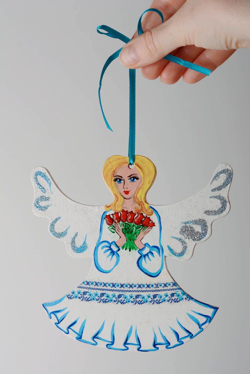 Оригинальная интерьерная подвеска ангел из ДВП в технике декупажа и росписи  фото 5