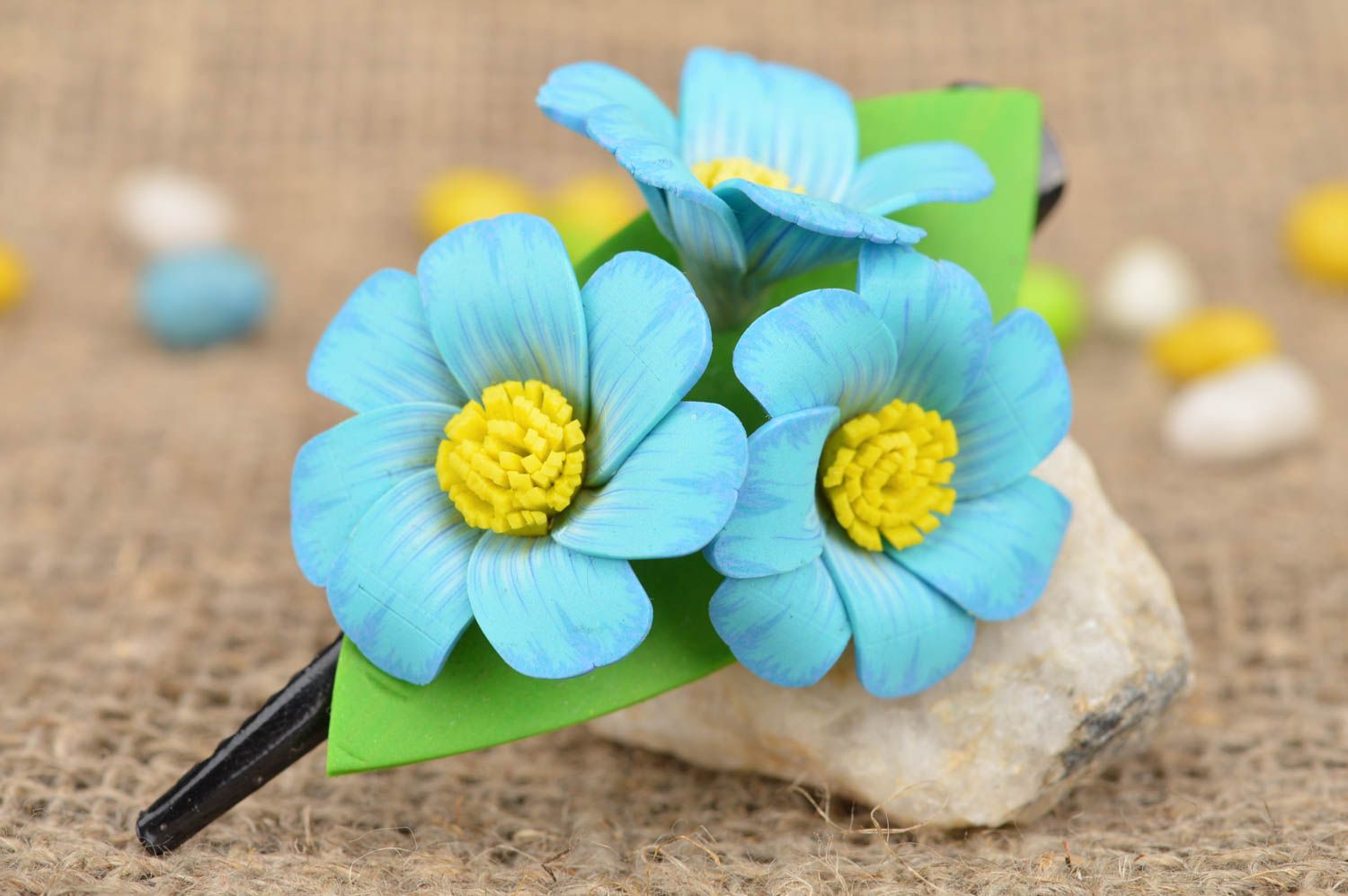 Medium handmade hair clip with flowers made of polymer clay Forget-me-not photo 1