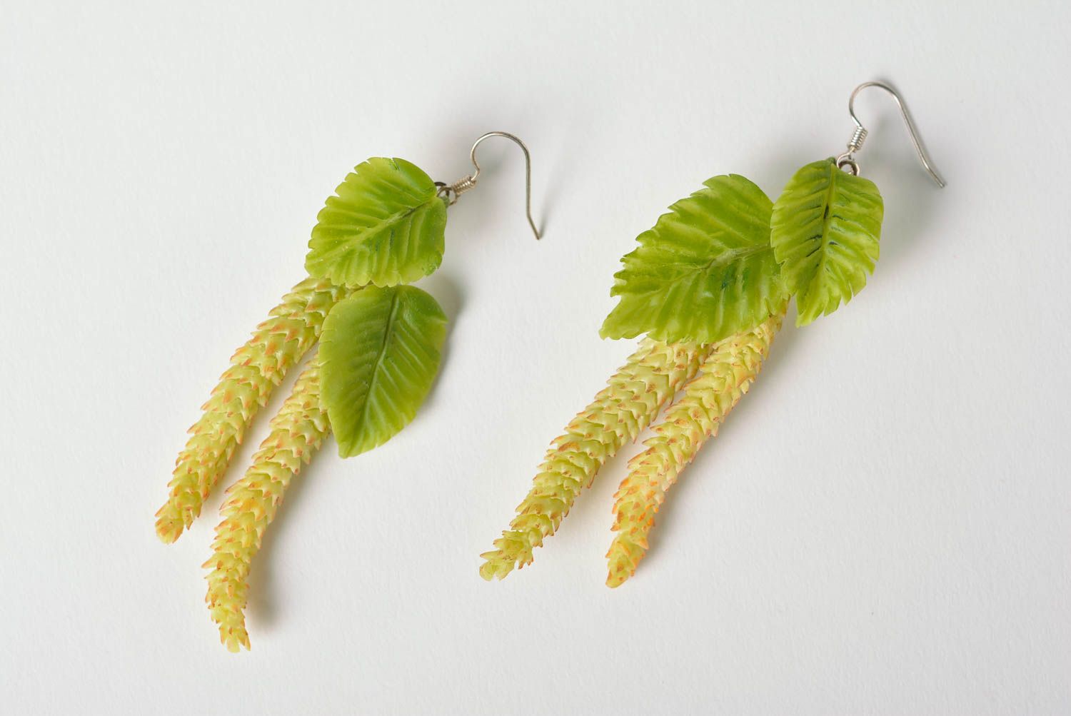 Handmade long designer dangling earrings with Japanese polymer clay birch buds photo 2