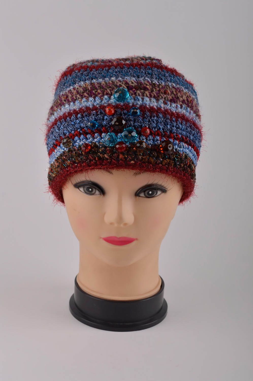 Зимняя женская шапка ручной работы шапка женская полосатая теплая шапка фото 8
