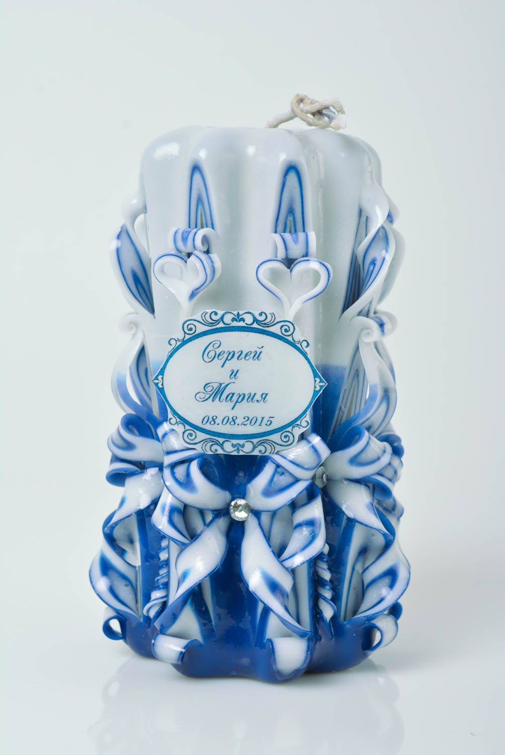 Dekorative große Kerze aus Paraffin Deko zur Hochzeit in Weiß und Blau foto 1
