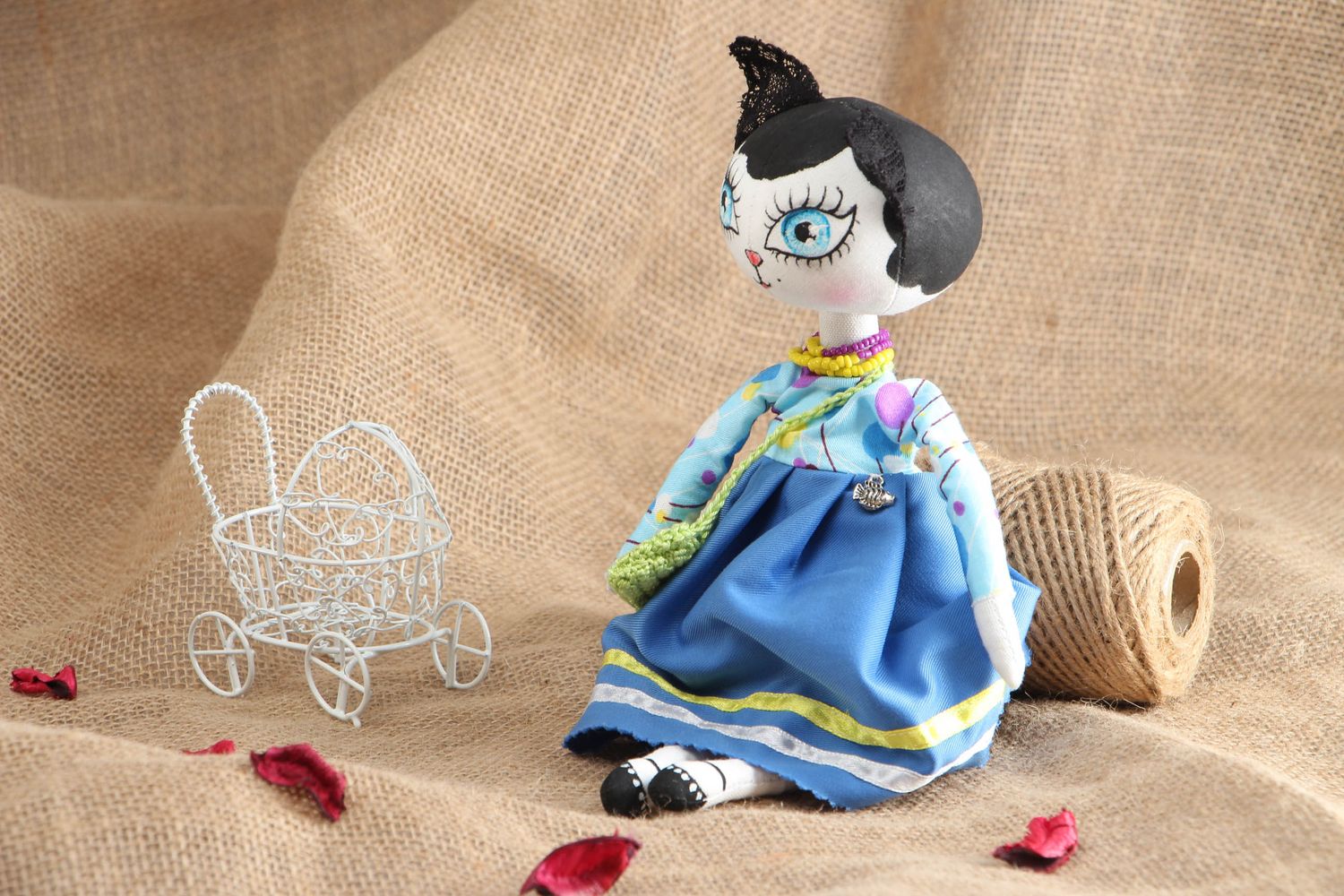 Handmade collectible fabric doll Kitty in Blue photo 5