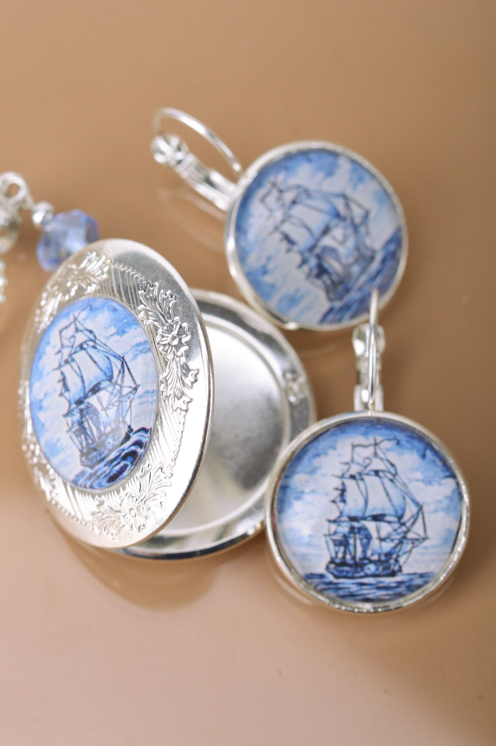 Handmade set in marine style of metal jewelry earrings and locket pendant with space for photo  photo 4