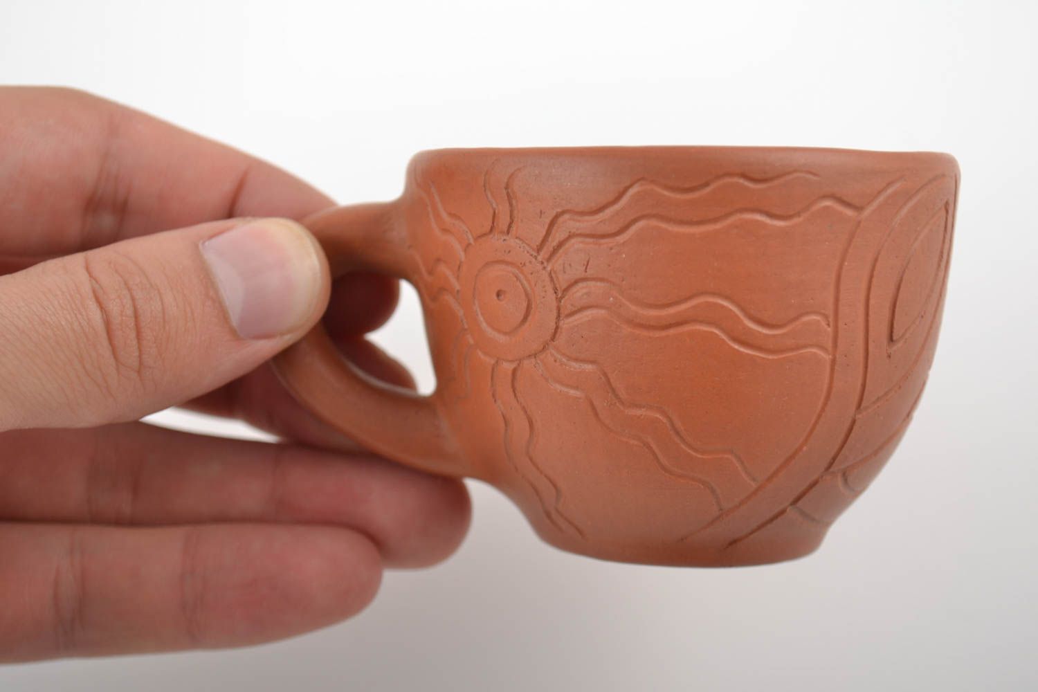 Handmade Keramik Tasse für Kaffee 100 ml klein braun aus Ton mit Muster foto 2