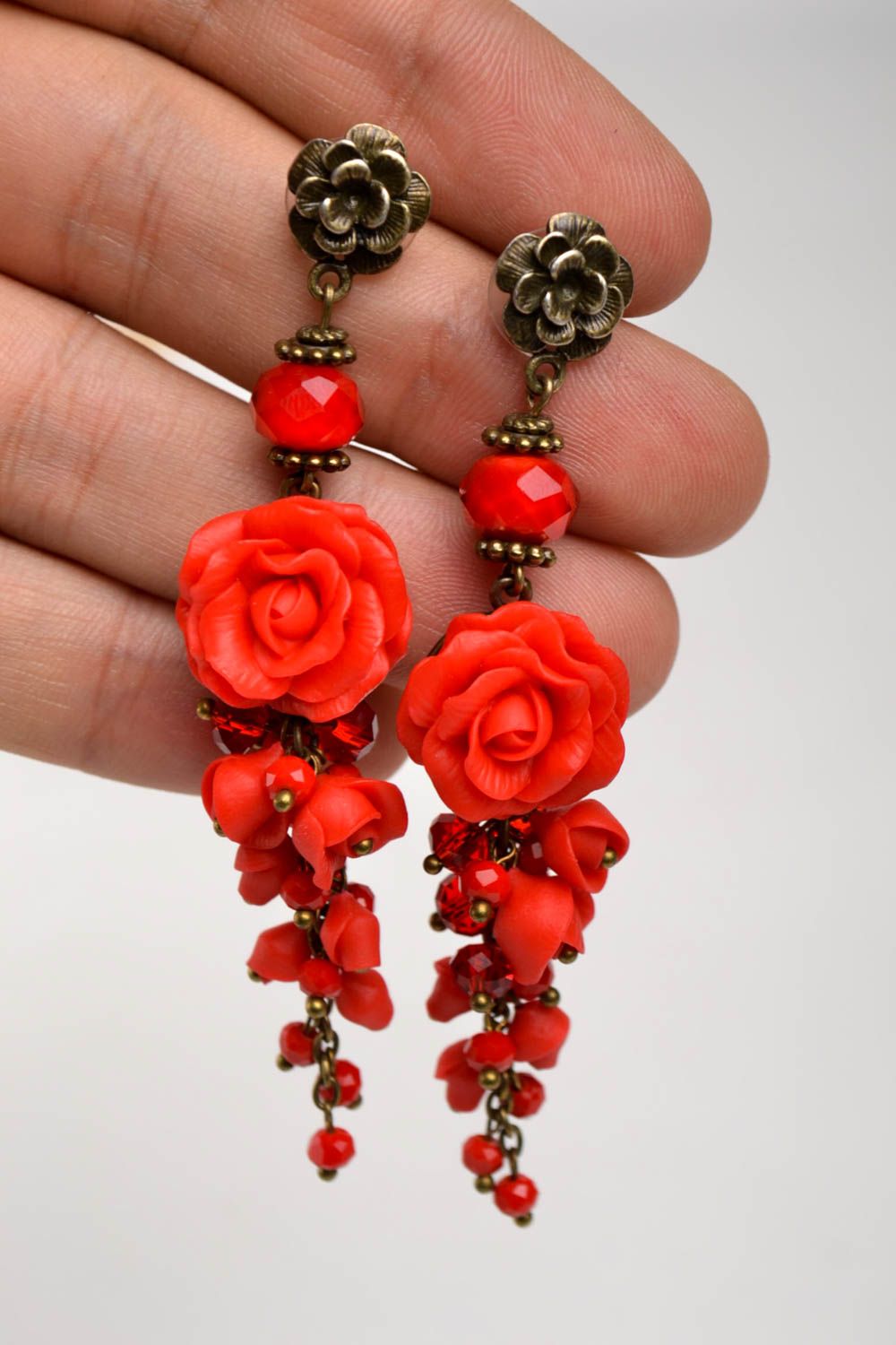 Handmade elegant red earrings stylish dangling earrings polymer clay jewelry photo 5