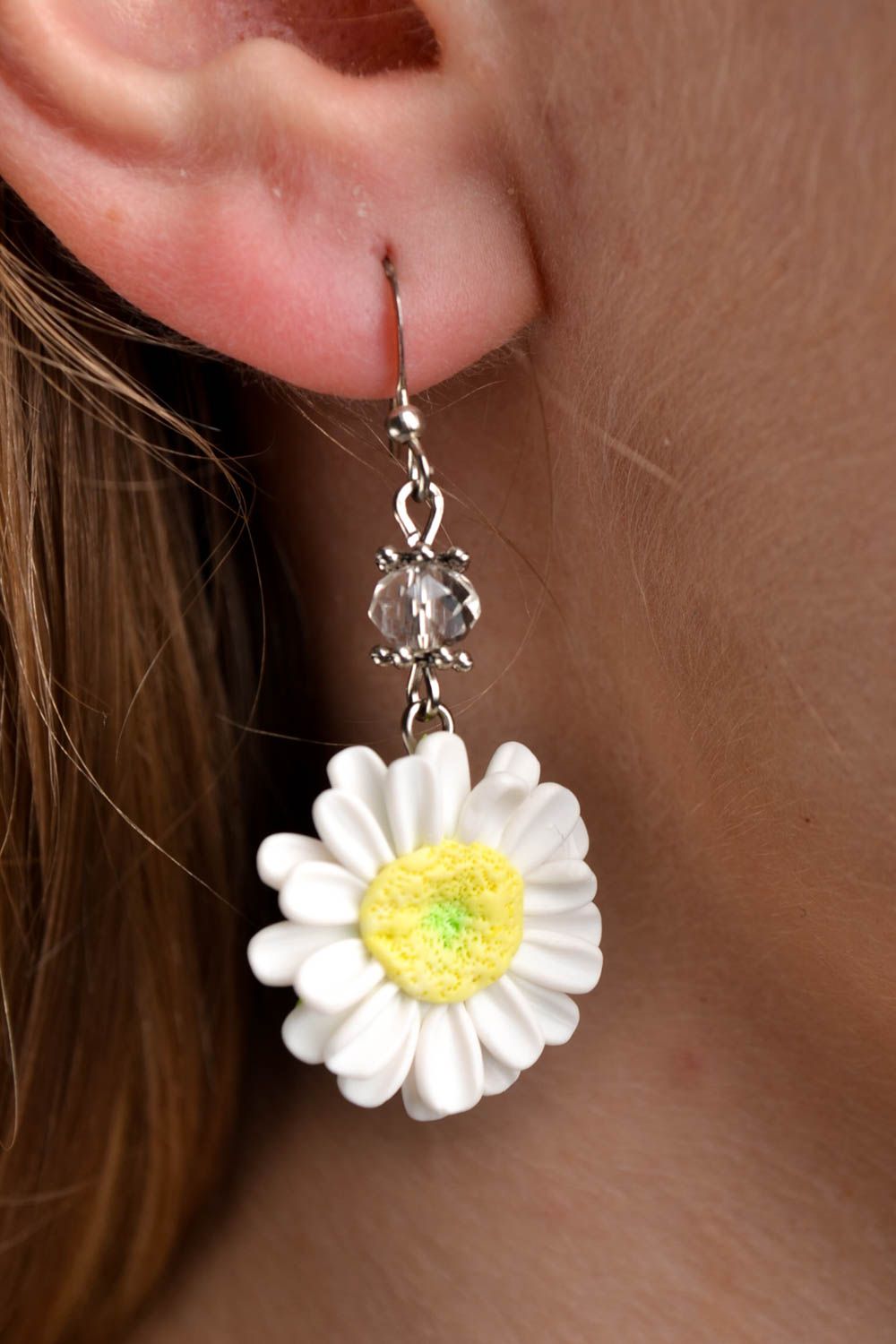 Handmade elegant white flower unusual tender earrings stylish jewelry photo 1