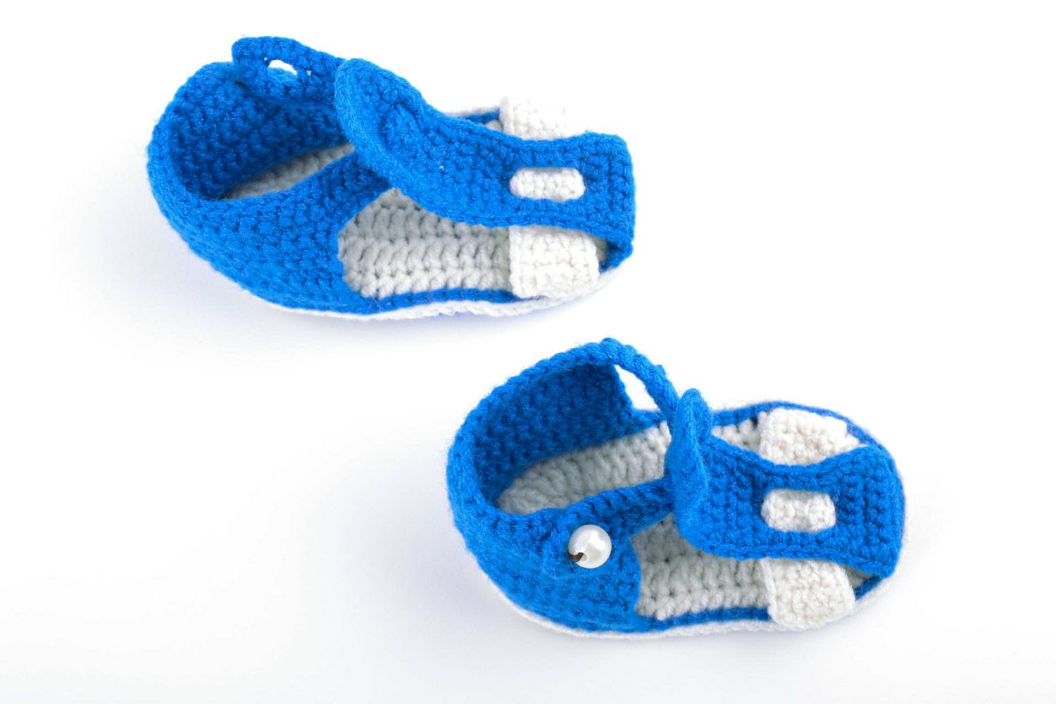 Beautiful handmade knitted baby booties of blue and white colors for boy photo 4