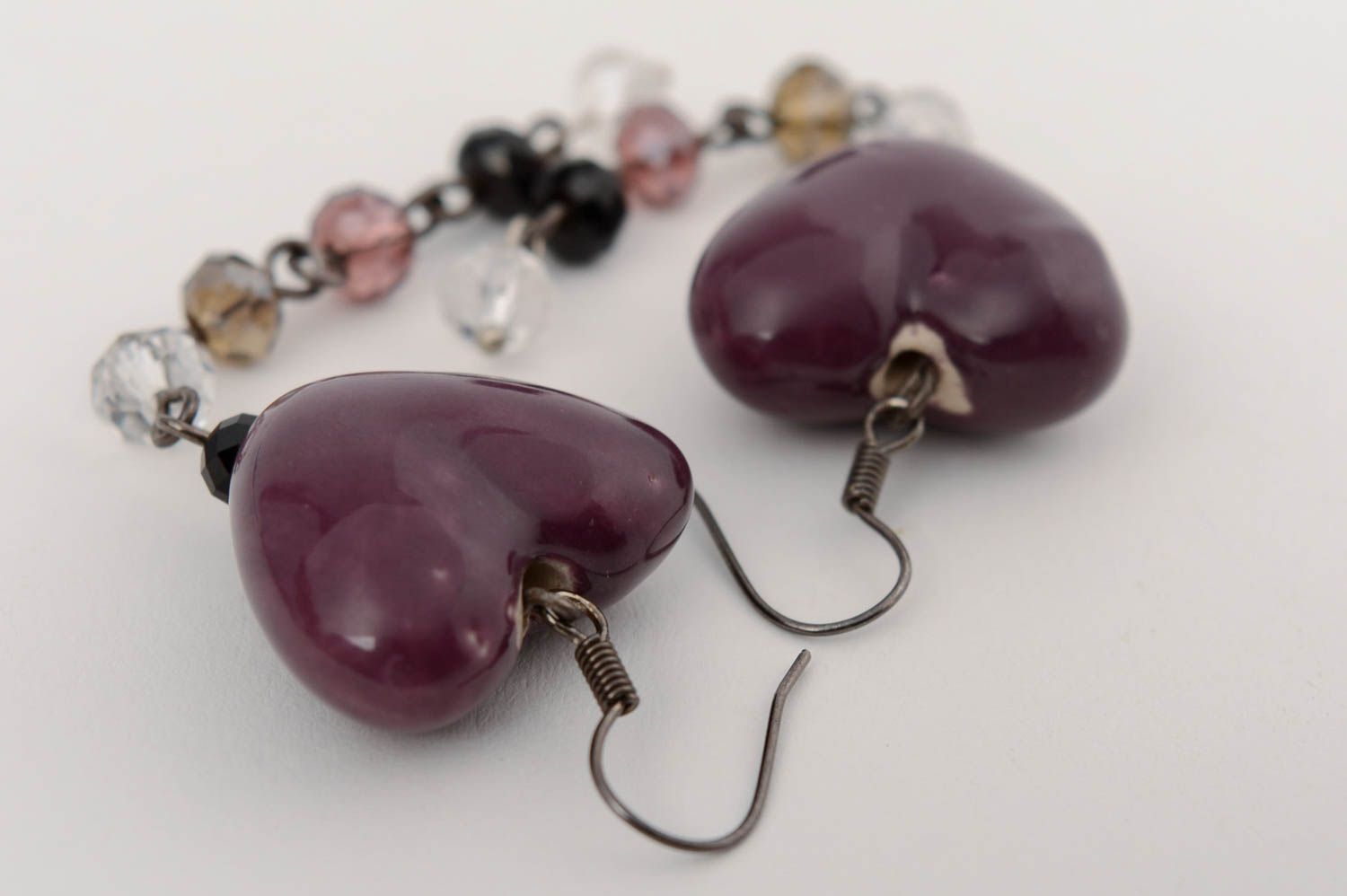 Handmade violet long dangle earrings with Czech crystal and ceramic beads photo 3