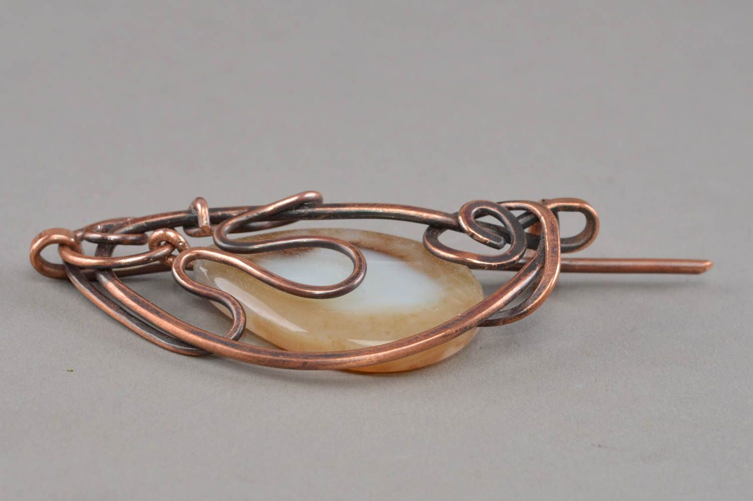 Copper handmade brooch beautiful accessory with natural stone stylish jewelry photo 4