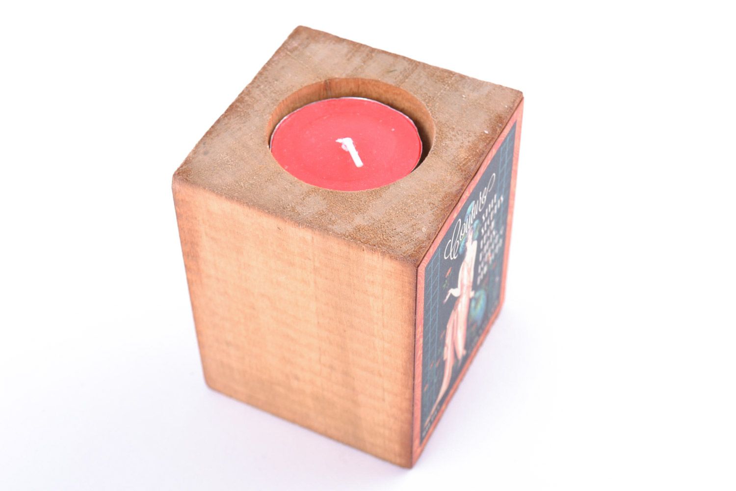 Handmade rectangular decoupage wooden candlestick in retro style photo 5