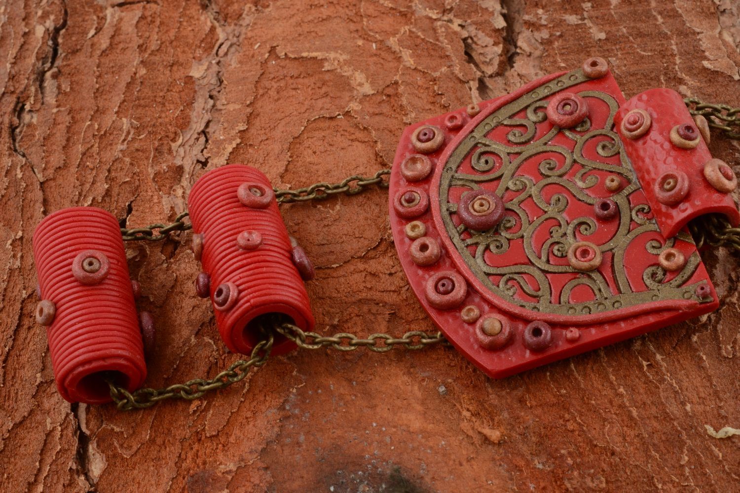 Big red handmade beautiful cute pendant made of polymer clay on long chain photo 1