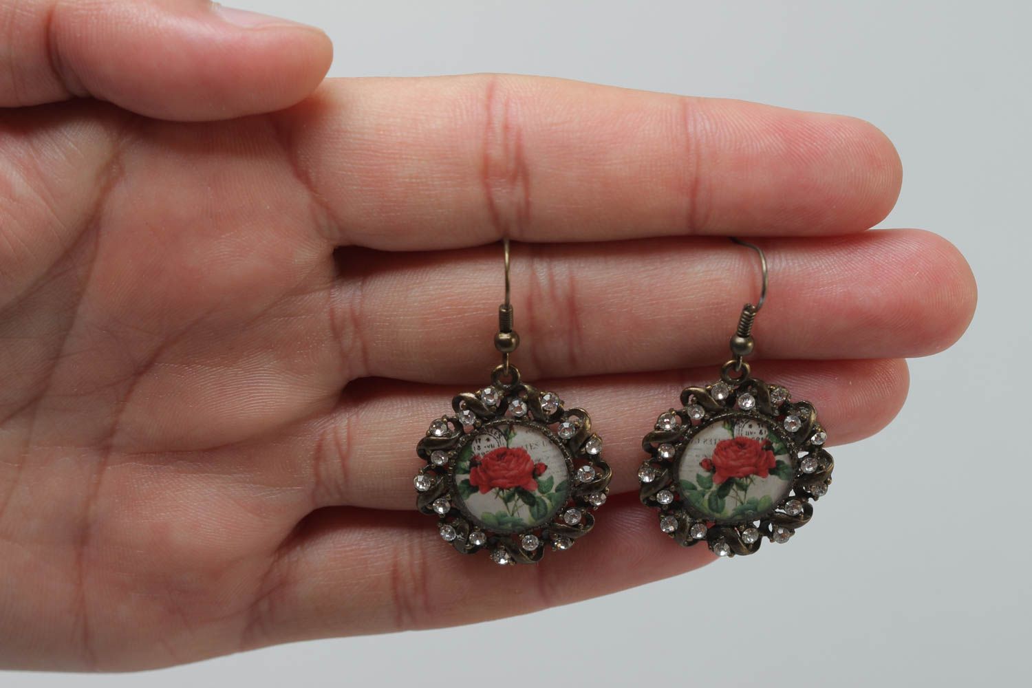 Handmade stylish earrings made of glassy glaze and metal with beads in vintage style photo 5