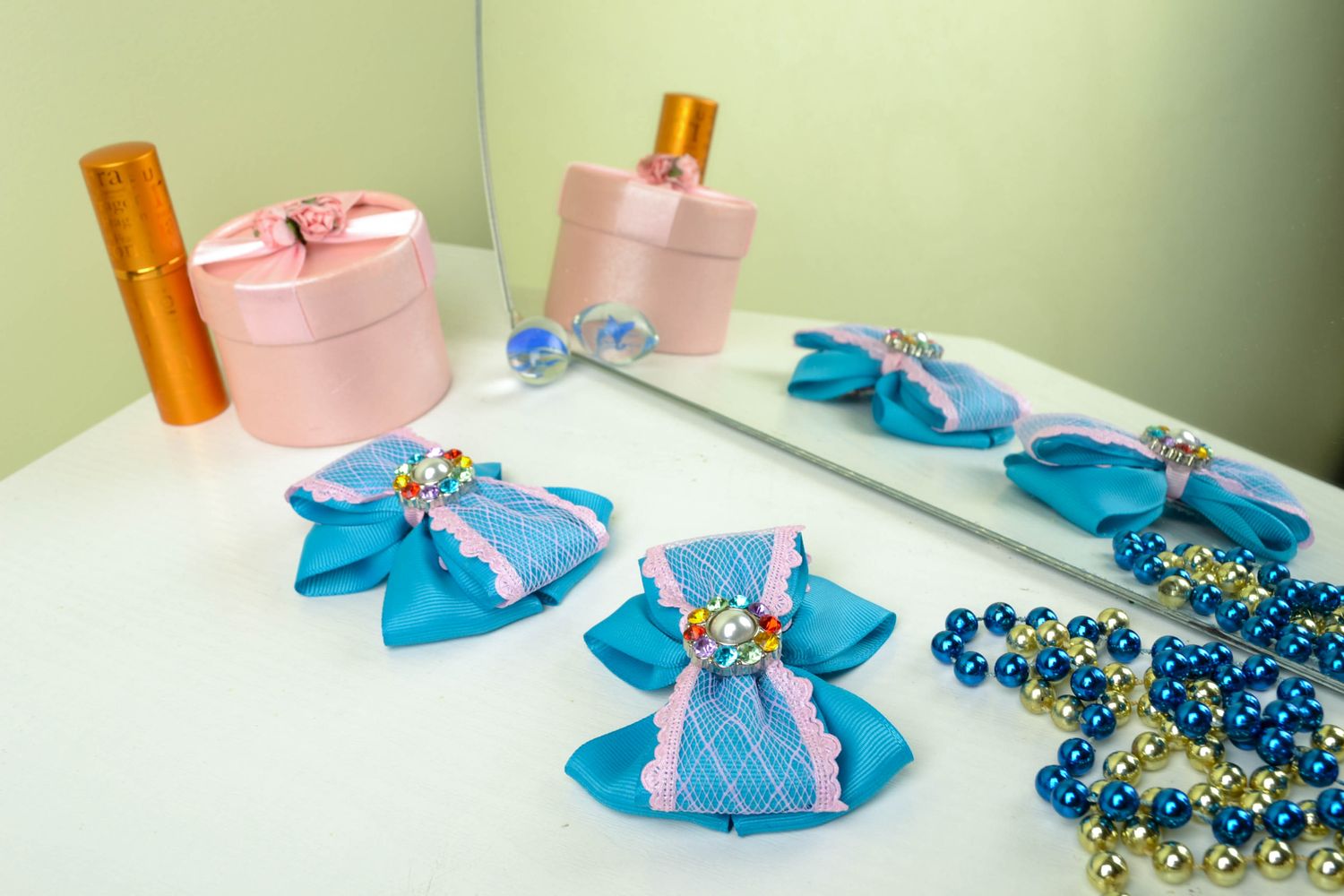 Beautiful hair clips with blue bows made of ribbons with rhinestones photo 5