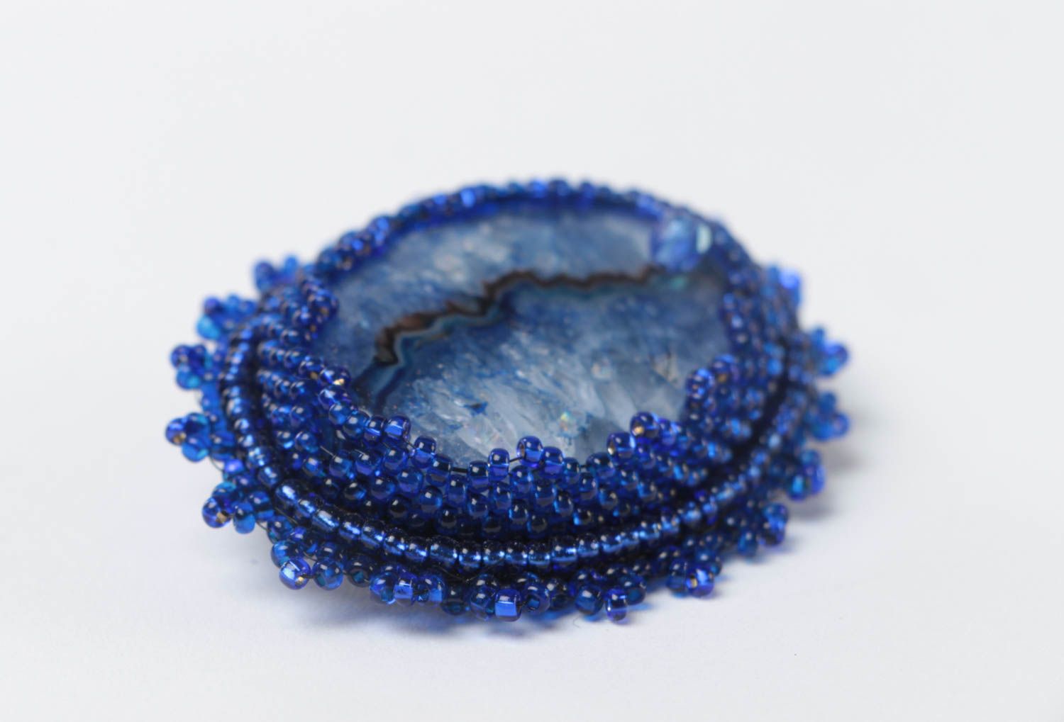 Women's blue handmade brooch with Czech beads and natural agate stone photo 3