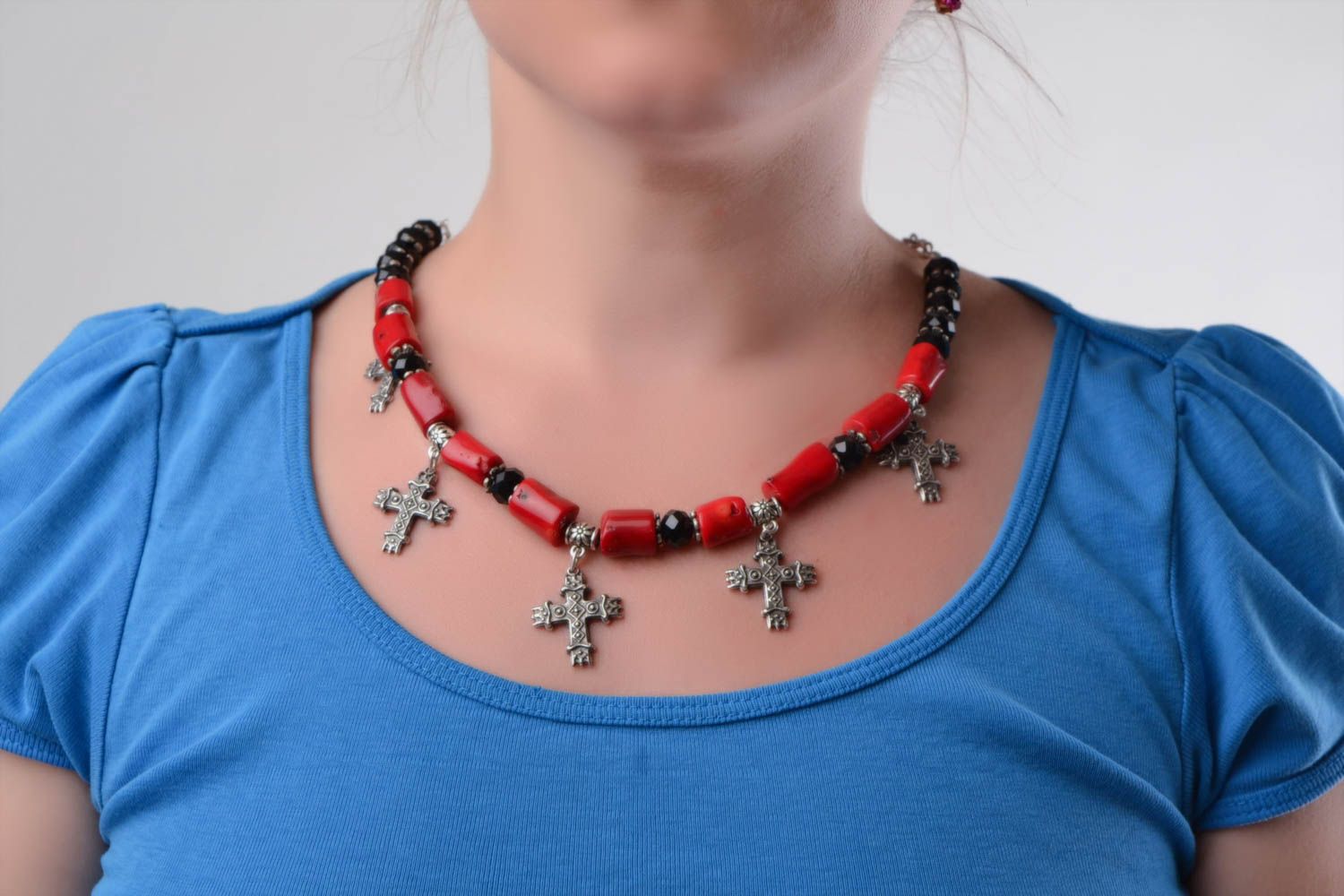 Handmade natural coral bead necklace with metal cross charms and Czech glass photo 1