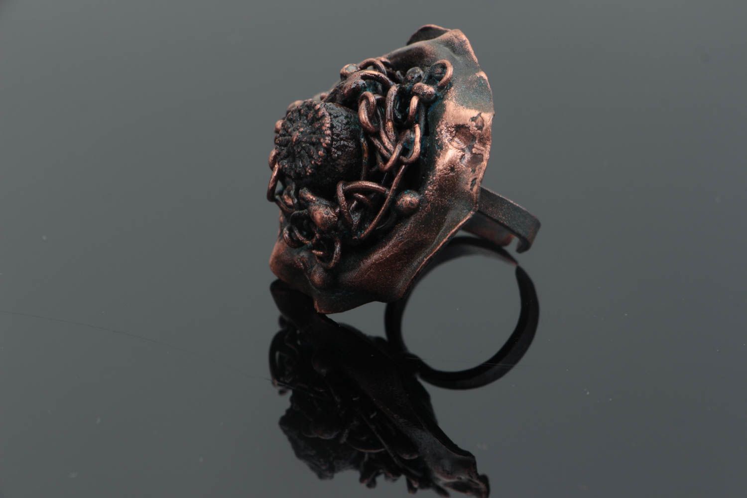 Beautiful handmade designer volume copper flower ring with galvanic coating photo 1