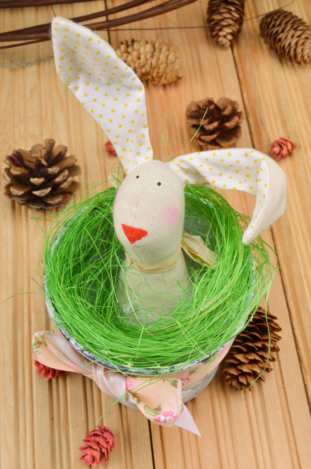 Handmade white Easter rabbit soft toy in pot with green sisal and bow  photo 1