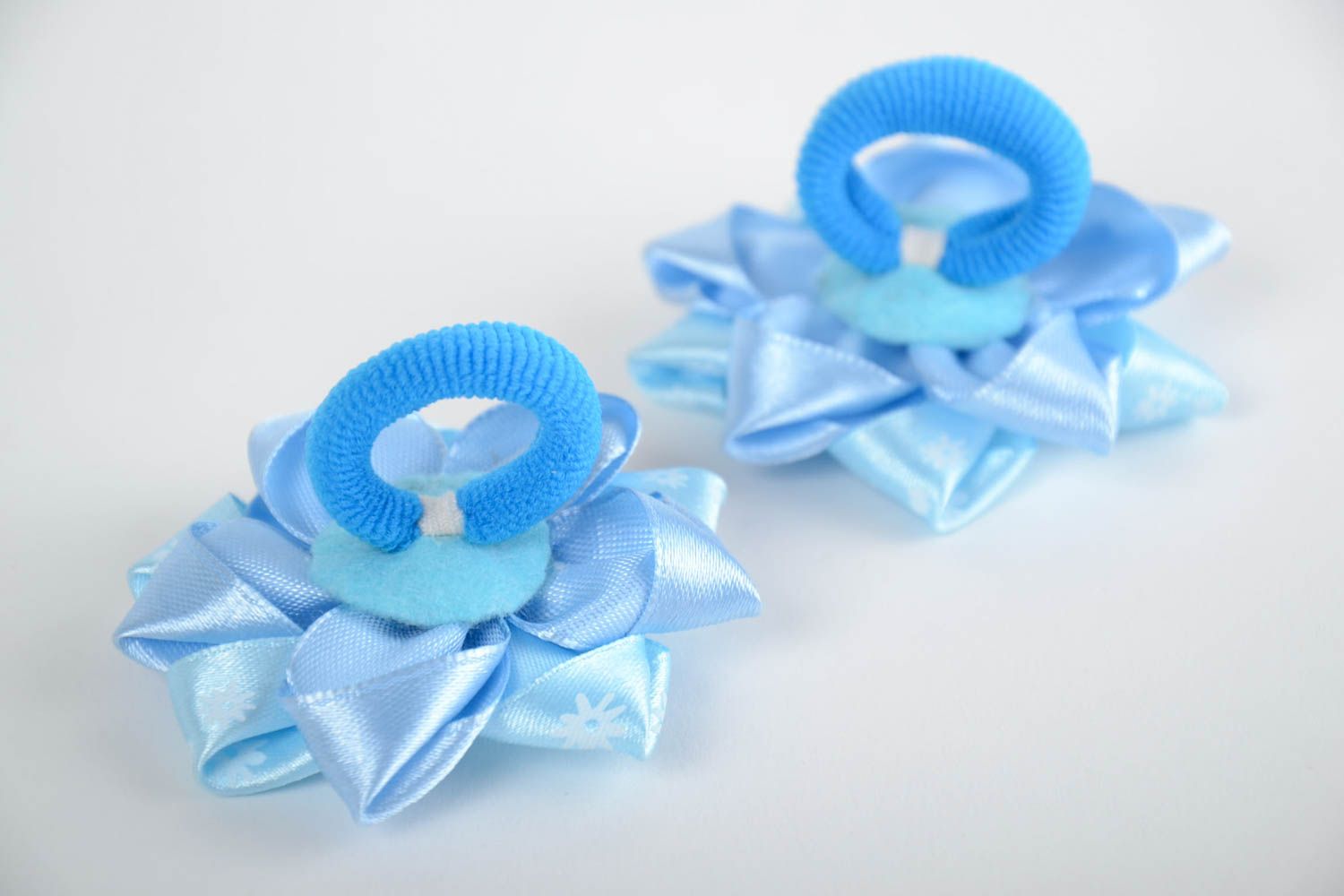 Set of 2 handmade children's blue textile flower hair ties kanzashi photo 3