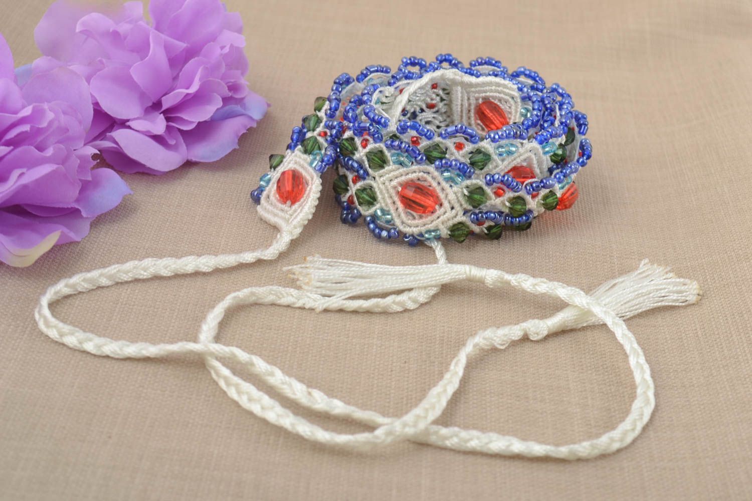 Unusual handmade woven thread belt beaded belt textile accessories for girls photo 1