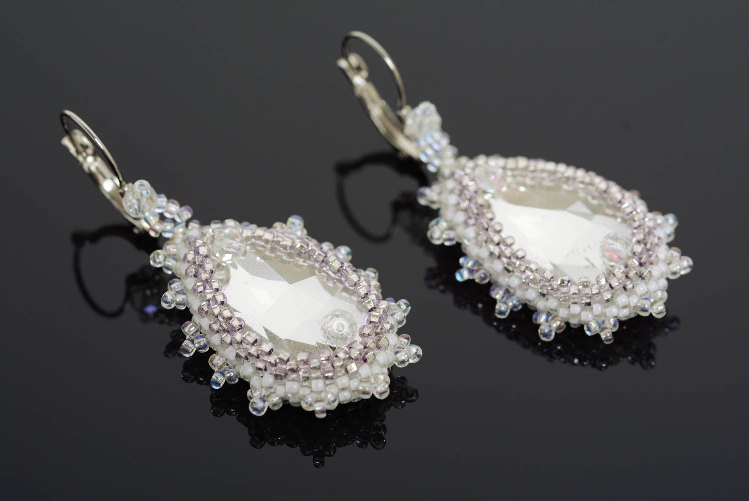 Handmade teardrop beaded earrings with Austrian crystals and English fasteners photo 1