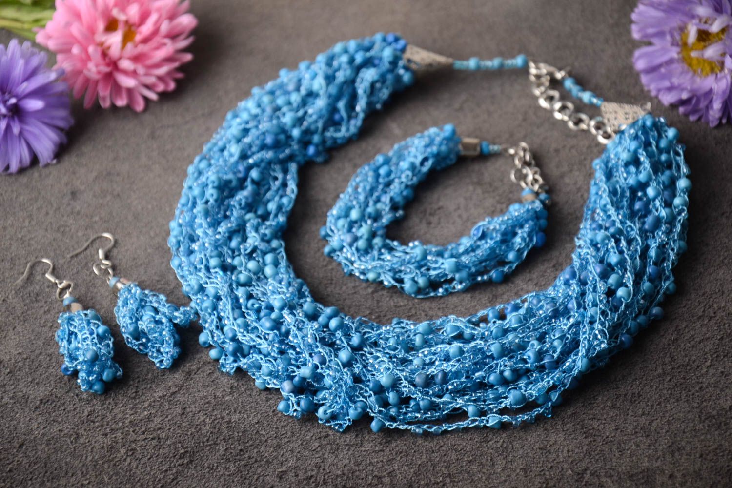 Handmade beaded necklace elegant blue earrings designer evening necklace photo 1