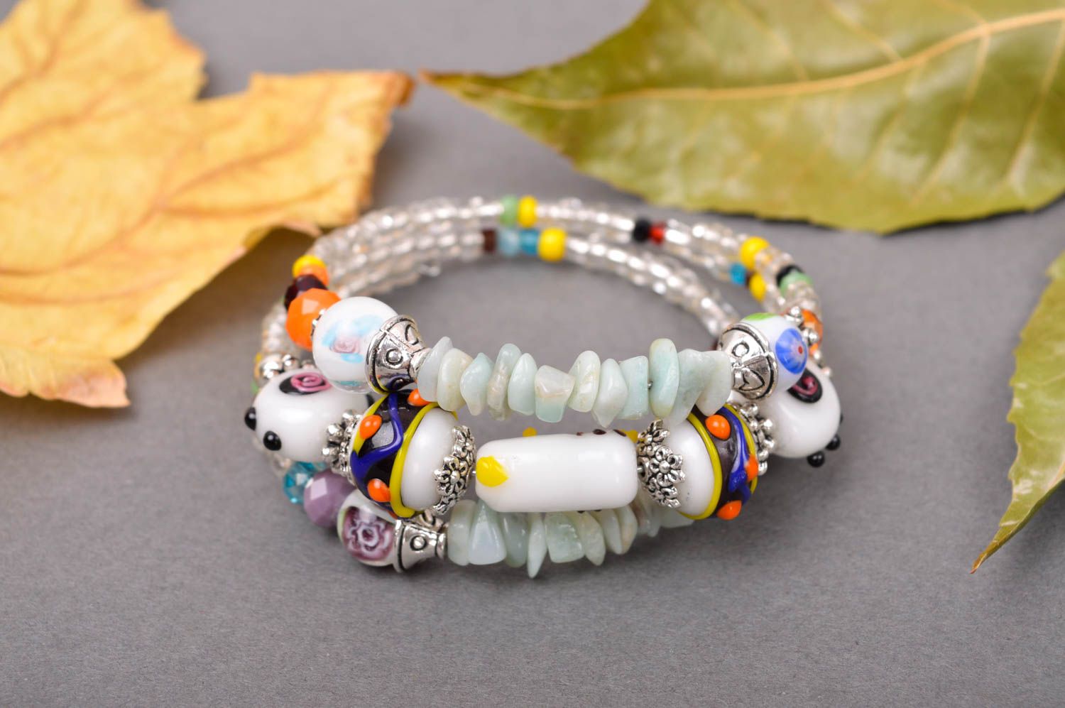 Handmade stylish wide bracelet unusual bracelet with natural stones cute jewelry photo 1