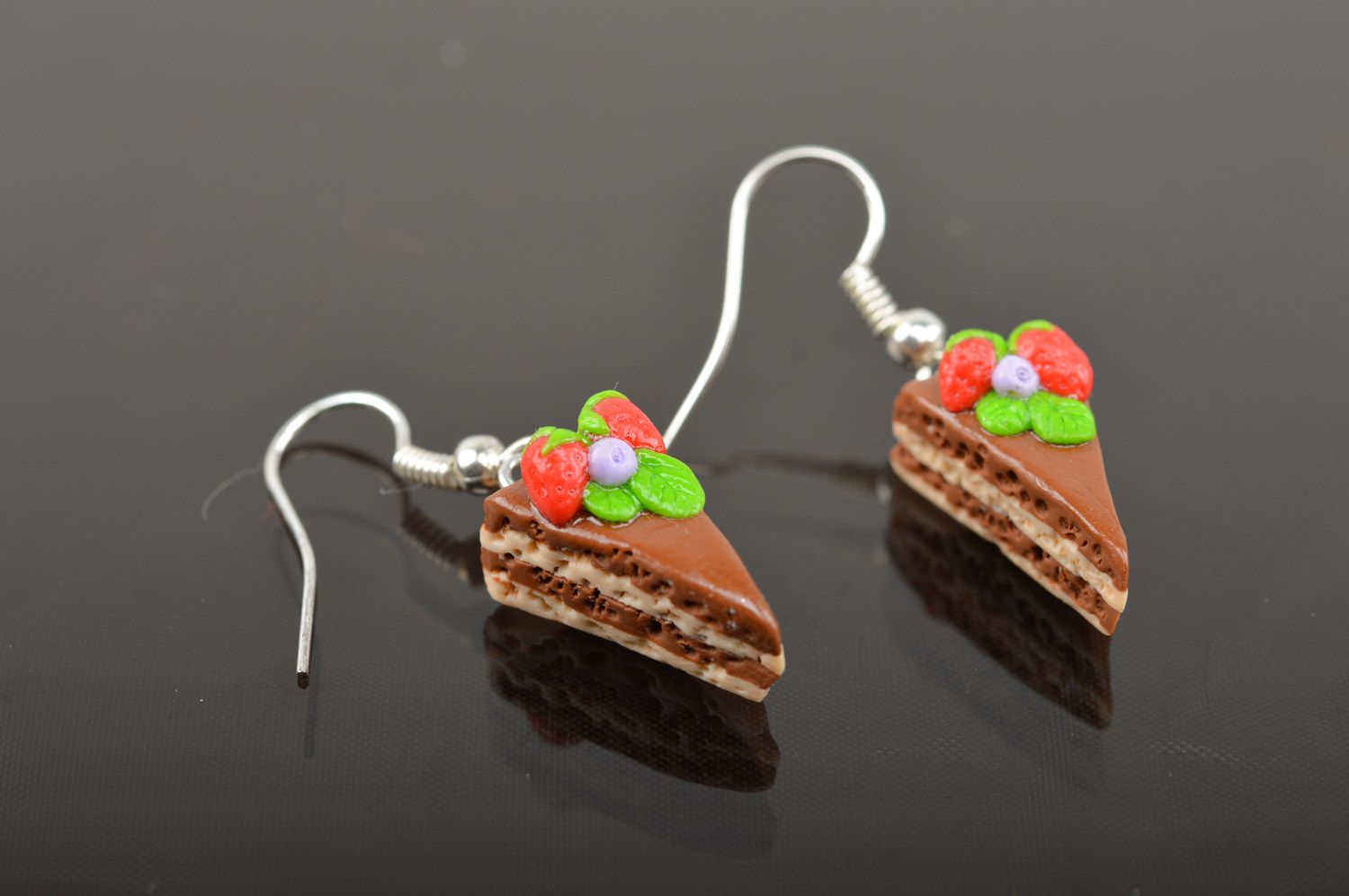 Bright women's handmade polymer clay earrings in the shape of cakes with berries photo 3