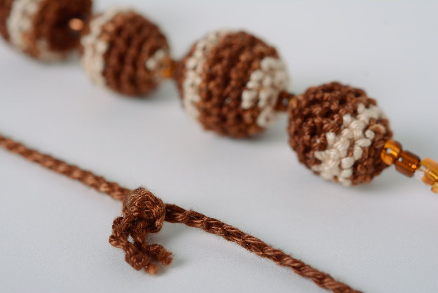 Handmade teething bead necklace crocheted of cotton threads of chocolate color photo 4