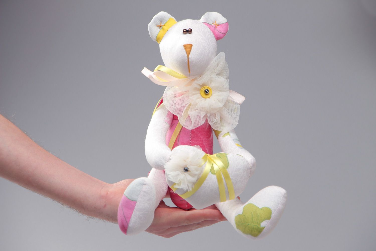 Light colorful handmade soft toy sewn of cotton fabric Bear for children photo 4