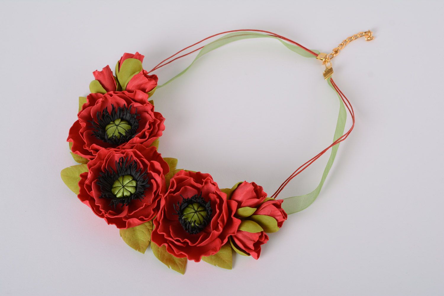 Handmade beautiful designer necklace made of suede red poppy flowers present for girl photo 2